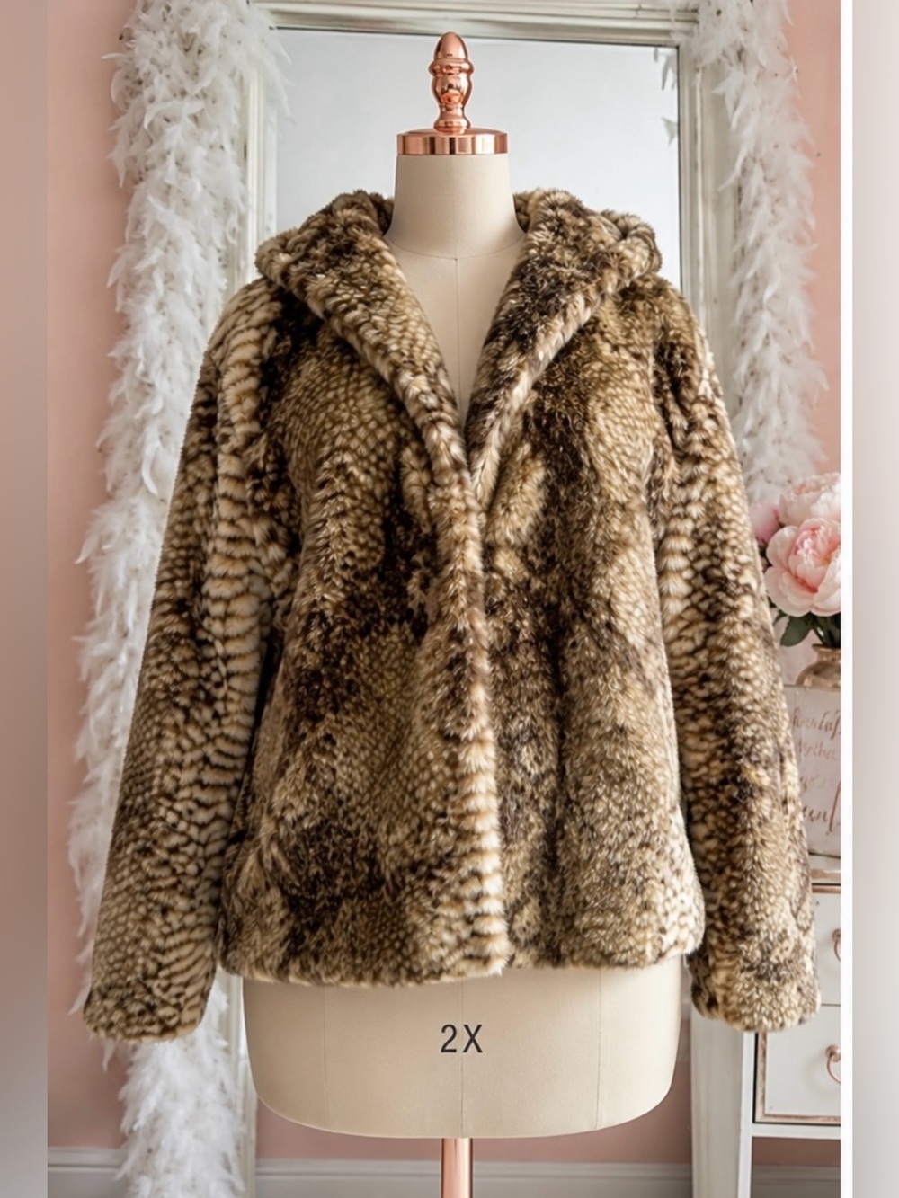 Jakke SOFT Faux Fur Hooded Coat Jacket 2X NWT Cream/Brown Animal Print